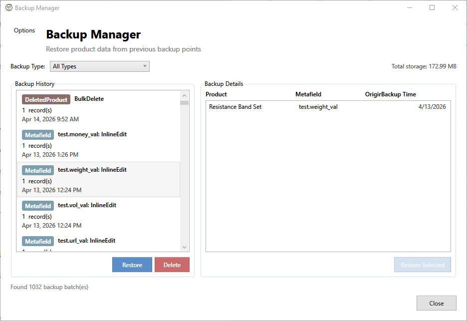Backup manager showing restore history for bulk operations